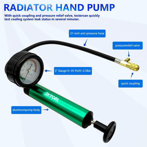 ZKTOOL aluminum radiator pressure tester with 3-inch gauge and hand pump; green body and 21-inch hose