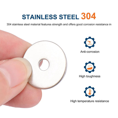 Flat fender washer, stainless steel 304, #8 size, 3/16 in ID x 3/4 in OD, 0.045 in thick, held by fingers