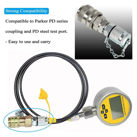 Three-piece hydraulic test coupling kit with digital gauge and brass fittings; compatible with Parker PD series.