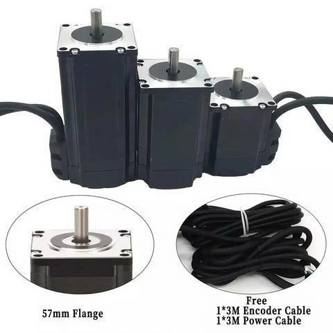 Closed Loop Nema 23 Stepper Motor Kit With 1000 Line Encoder for CNC projects, shown with cables and 57mm housing.