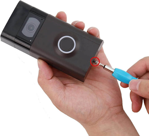 Hands using Doorbell Screwdriver Replacement Kit for Ring Video Doorbell Series and Pro Elite, showing dual head Torx T6 and T15.