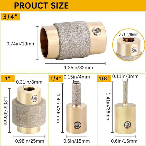 Diamond Grinder Bits Set for Stained Glass 1 3/4 Inch, 1/4 Inch and 1/8 Inch Heads with Brass Core Copper Tool Heads and Double Plated Diamond Bonding, Great for Glass Art, Window Craft, and Stained Glass Projects, 4 Piece Kit - showing sizes.