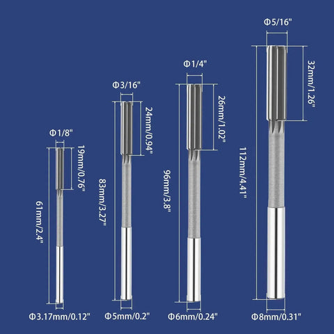 Chucking Reamer Set For Lathe Machines With High Speed Steel Round Shank H7 Straight Flutes In One Eighth Inch Four Pieces