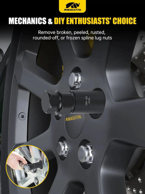 Close-up of a black car wheel with an 8 Piece Pro Grade Spline Lug Nuts Socket Set With Locking Nut Removal Tool Kit attached.