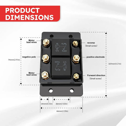 12V 80A Forward And Reverse Relay Terminal Module dimensions with wiring details for tarp winch motor snow plow and lift replacement