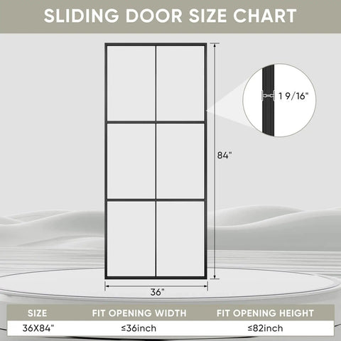 Size chart for 36 Inch By 84 Inch Glass Sliding Barn Door With Black Aluminum Frame And Clear Tempered Glass, 3 Panel Modern French Style