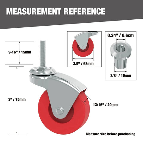Measurement reference for 2.5 Inch Stem Caster Wheels Set Of 6 Heavy Duty 360 Degree Swivel Casters with dimensions shown.