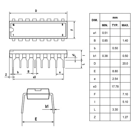 Technical drawing of L293 L293D Four Channel Motor Driver IC For Arduino DIY Maker Projects Push Pull 4.5V To 36V DIP16 Chip.