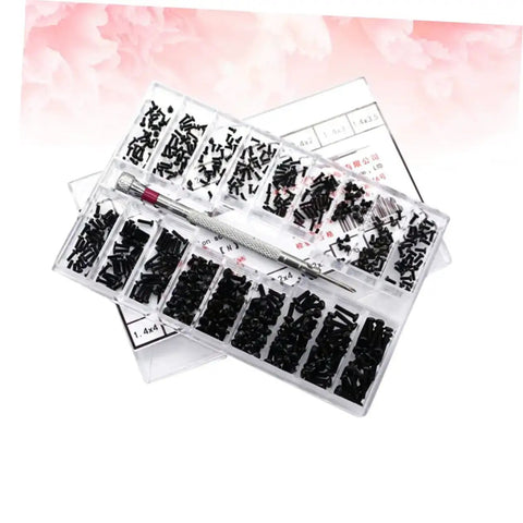 Miniature Screw Set With Flat Head Countersunk Machine Screws In Transparent Storage Case for quick access, organized by size
