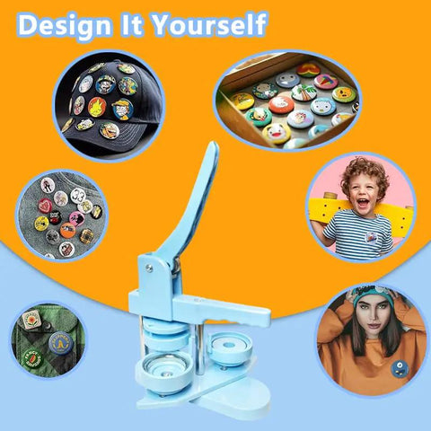 Light-blue 58mm button maker machine with DIY kit, 3rd Gen lever design.