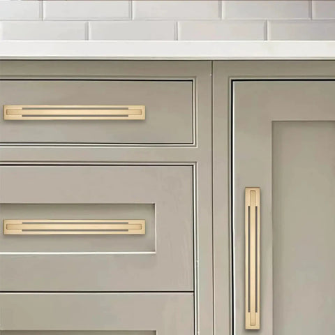 5 Pack 5 Inch Center To Center Champagne Bronze Cabinet Pulls With Matching Backplates on gray kitchen cabinets