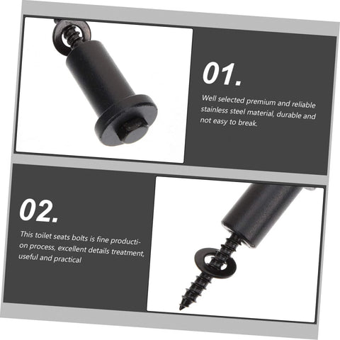 Close-up view of black stainless steel toilet seat bolts featuring a fine finish, highlighting durability and practical installation.