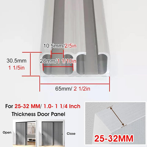 Cross-section of aluminum rail for Double Bypass Sliding Closet Door Track Kit with dimensions labeled.