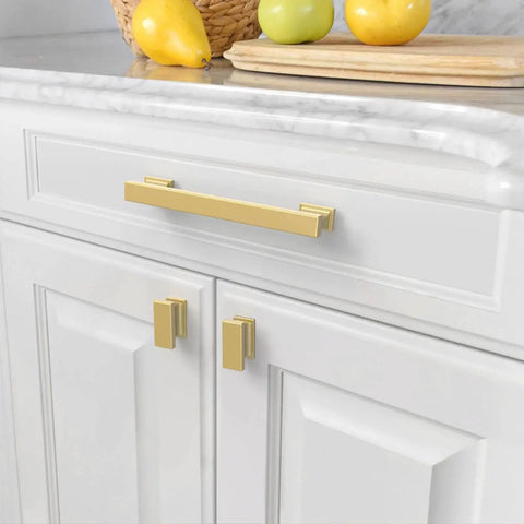 10 Pack Brushed Gold Cabinet Pulls 5 Inch Hole Center Kitchen Cabinet Hardware Gold Drawer Handles Set For Cabinets And Drawers Easy To Install Long Lasting Durable Finish installed on white cabinet