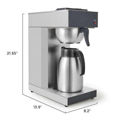 Workhorse Commercial Drip Coffee Maker With 12 Cup Capacity And 74 Ounce Thermal Carafe In Stainless Steel For Busy Kitchens And Offices Model SFCB1AA shown from side view.