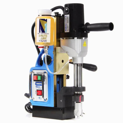 Lightweight Magnetic Drill Press With 1 3/8 Inch Capacity And 2 Inch Depth, 6.5 Inch Travel, 2200-Pound Magnetic Strength, 1200W Motor, Quick Release Arbor, Cuts Ferrous And Non Ferrous Metals, Portable Power For Quick Metalwork Champion Cutting Tool positioned on a white background.