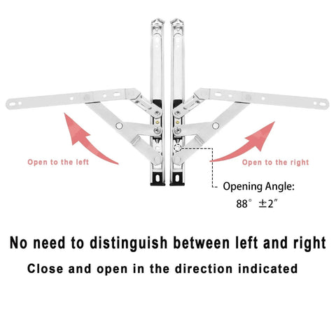 Illustration of 4 Pack 10 Inch Casement Window Hinges And Concealed Friction Stays In Stainless Steel, with opening directions.