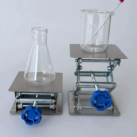 Dual Stainless Steel Lab Jack Stand Scissor Lift Tables 4x4 Inch Adjustable Height with beakers on top