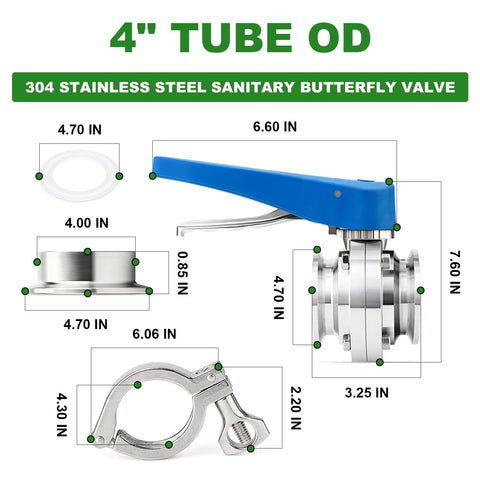 TAISHER 4 inch stainless steel butterfly valve kit, 1 piece, blue lever, tri-clamp ferrule flange.