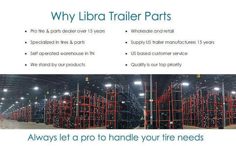 Libra trailer parts banner in a large warehouse with tall red shelving and stacked tires.