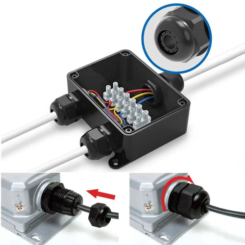 Waterproof Cable Gland Kit 32 Piece Set installed on electrical box, showing black connectors for 3 to 18 mm cables with secure sealing.