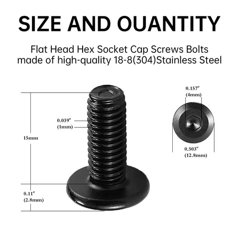 Beefy Heavy Duty M6 X 15mm Flat Head Hex Socket Cap Screws Bolts 30 Pcs In 304 Stainless Steel Black Zinc Plated Full Thread For Furniture Offices And Garages With Hex Spanner Included showing size dimensions