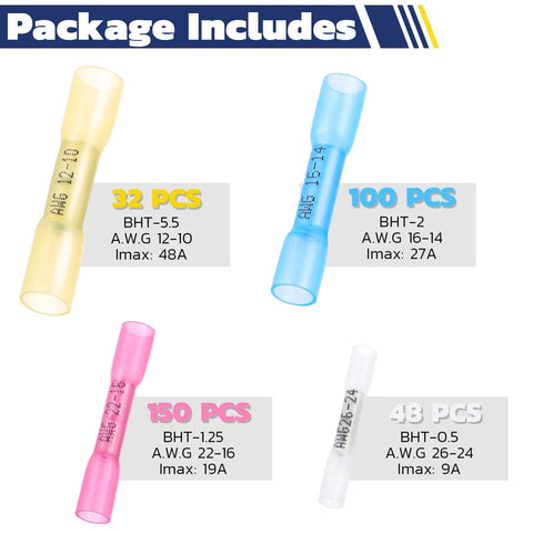 Insulated heat-shrink butt connectors kit in four colors and sizes: yellow 32 pcs, blue 100 pcs, pink 150 pcs, white 48 pcs.