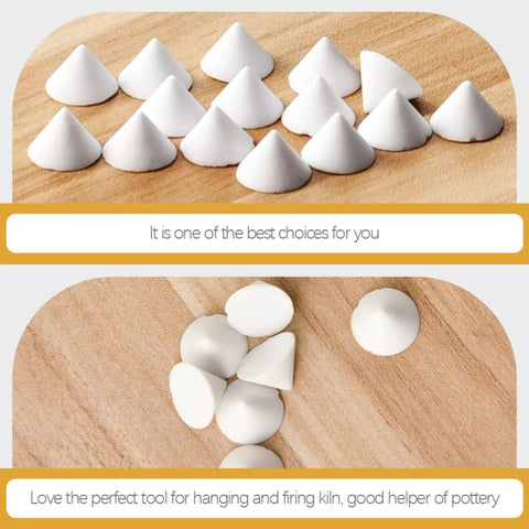 Front view of white cone-shaped ceramic kiln nails, 50 pcs, high-temperature refractory support tools for pottery firing