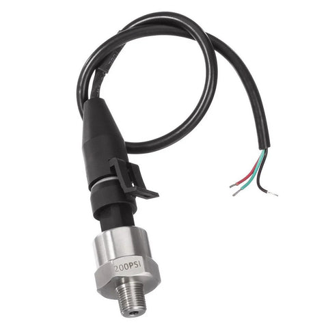 AUTEX 200 PSI pressure transducer with 1/8-27 NPT thread, stainless steel body and 4-wire connector harness