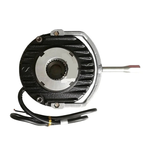 Front view of electromagnetic brake with a 30 mm shaft and black ribbed housing, with attached wiring.