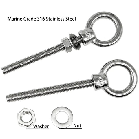 Two Pack 1/2 Inch Eyebolts, 4-3/4 Inch Long, Heavy Duty Threaded Eye Bolts with Nuts and Washers, Marine Grade 316 Stainless Steel