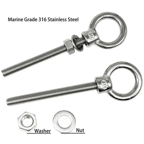 Two Pack Heavy Duty Eyebolts One Half Inch By Five And One Eighth Inch With Nuts And Washers 316 Stainless Marine Grade Threaded Lifting Eye Bolts