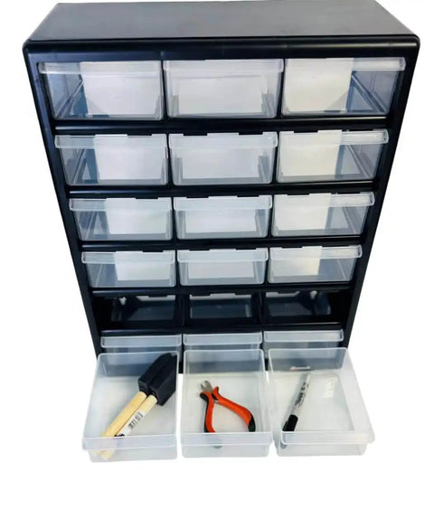 18 Drawer Parts Organizer In Matte Black Finish For DIYers And Pros, wall mountable storage with clear drawers, front view.