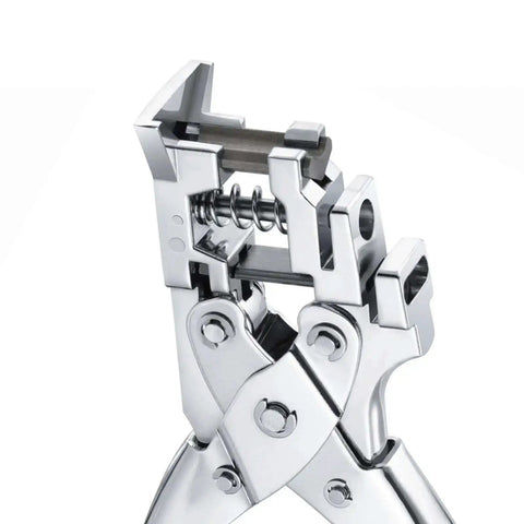 Close-up of 3 In 1 Badge Slot Hole Punch, beefy heavy duty card cutter with metal construction, showcasing internal mechanism.
