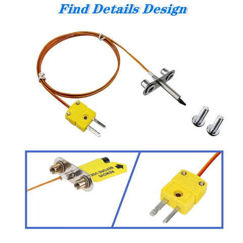 Thermocouple probe kit with yellow two-pin connector, orange insulated wire, metal probe, and mounting screws.