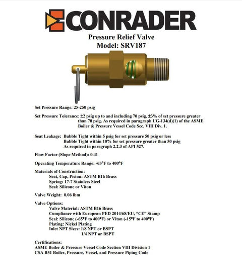 Conrader brass 1/4 NPT soft-seat safety pressure relief valve, USA-made, 80 psi