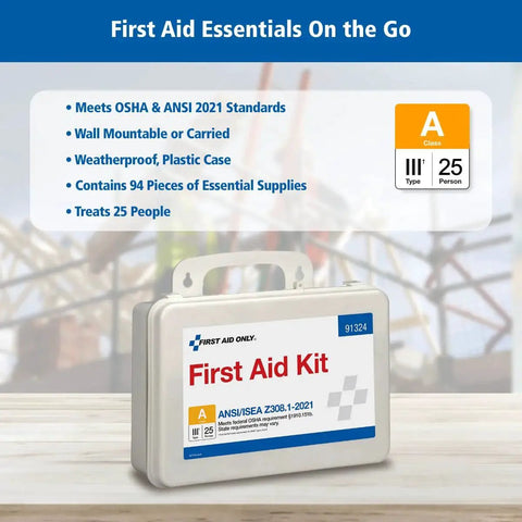 ANSI 2021 A OSHA Compliant 94 Piece 25 Person First Aid Kit for Home Office Car and Job Sites shown with features list