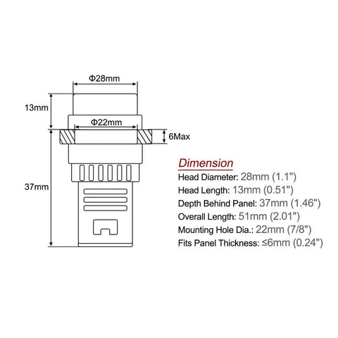 Technical diagram of Green Indicator Light 110 Volt AC DC 22mm Panel Mount dimensions for HVAC and DIY projects installation.