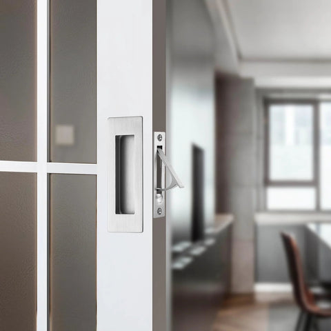Pocket Door Pull And Edge Pull Set In Brushed Nickel, 6 Inch Handles, Recessed Finger Flush Pulls, 304 Stainless Steel shown installed