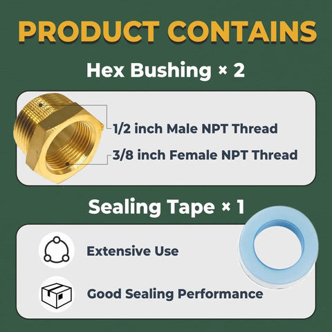 Brass Hex Bushing Reducer Set One Half Inch NPT Male To Three Eighth Inch NPT Female 2 Pack With Sealing Tape For Plumbing