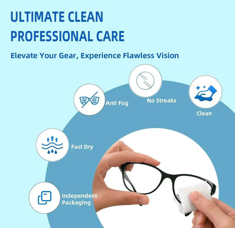 Hand using anti fog wipes on glasses infographic, highlighting features like no streaks and quick dry. Anti Fog Wipes For Glasses And Lenses 100 Pack Pre Moistened Quick Dry.
