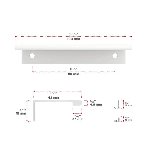 Lincoln Collection 3 1/8 Inch Center to Center White Modern Cabinet and Drawer Edge Pull Handle dimensions and details