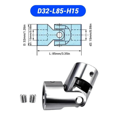 15mm To 15mm Universal Joint Coupling 304 Stainless Steel Rotatable U Joint Shaft DIY Model RC Car Robot Built Tough With High Torque Capacity And Low Backlash 32mm Diameter 85mm Length Corrosion Resistant Motor Connector with dimensional diagram.