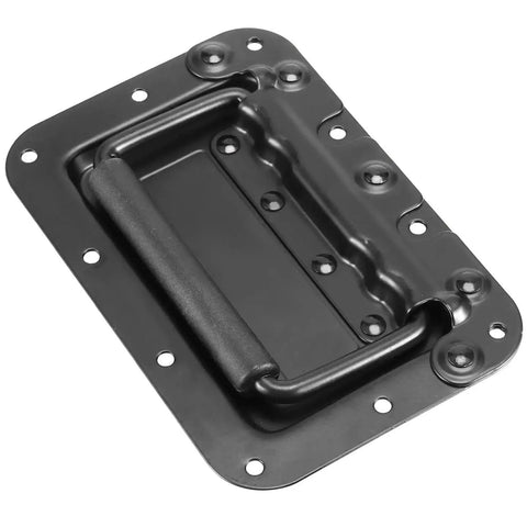 Matte black spring-loaded recessed handle with padded grip, part of Six Pack 6 By 4 Inch Spring Loaded Recessed Handles For Cabinets Boxes And Chests Matte Black Iron Pull Handles With Padded Grip Durable Alloy Metal Construction Easy To Install Recessed Mount For Case Box Chest Cabinet And Speaker Enclosures.