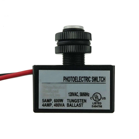 Outdoor Sensor Light Switch With Photocell For Dusk To Dawn Auto On Off 120V, heavy duty hard wired, black unit with label details