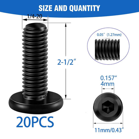 1/4-20 By 2-1/2 Inch Flat Head Socket Screws For Furniture And Woodworking, 20 pack with size and dimensions displayed