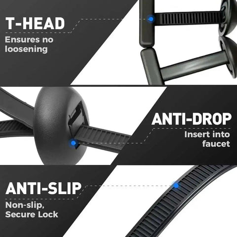 Close-up view of Heavy Duty Self-Locking Cable Tie Buckle Kit for Cars showing T-head, anti-drop, and anti-slip features.