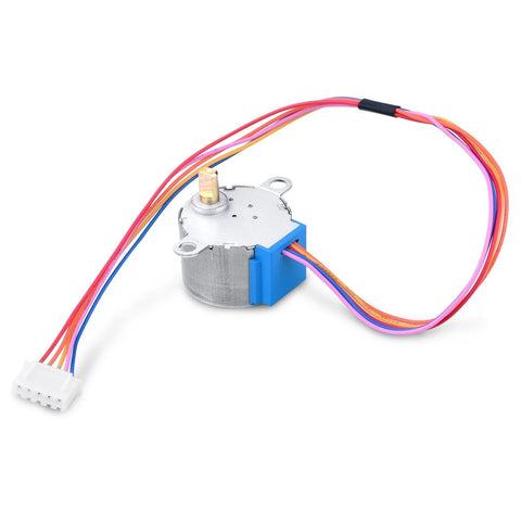28BYJ-48 geared stepper motor with ULN2003 driver and blue mounting block, multicolor wiring to white connector.