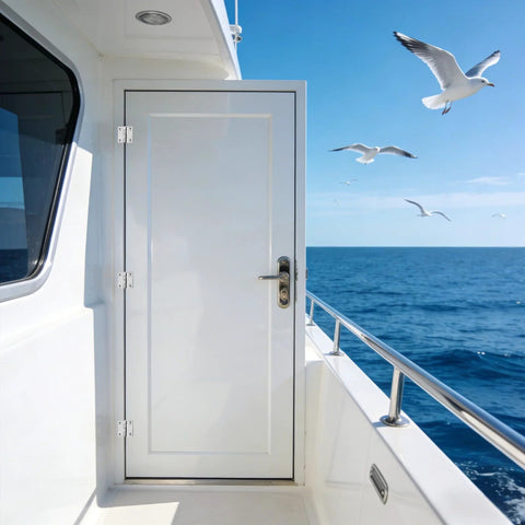 Pyntrax marine-grade 316 stainless steel square hinges, 2x2 in, installed on a boat hatch door.