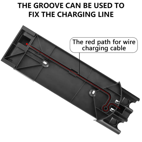 Docking station wall mount for Dyson V7/V8 cordless vacuum; black plastic with red charging cable channel